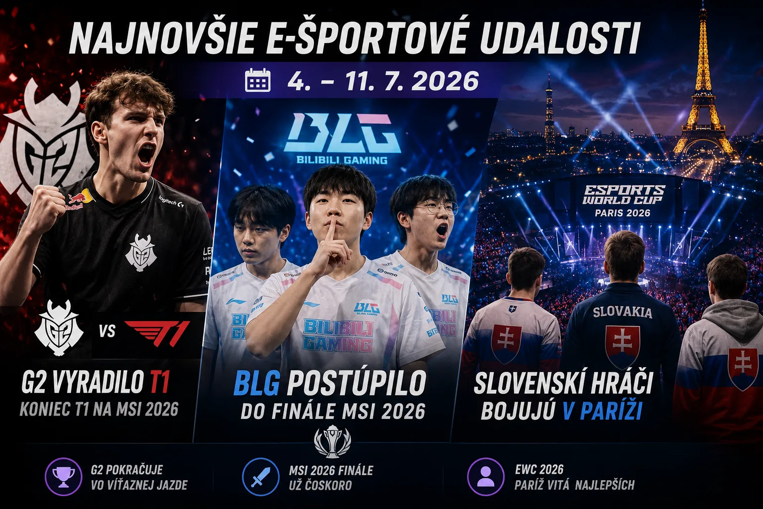 Najnovšie e-športové udalosti 4. – 11. 7. 2026: G2 vyradilo T1, BLG postúpilo do finále a slovenskí hráči bojujú v Paríži